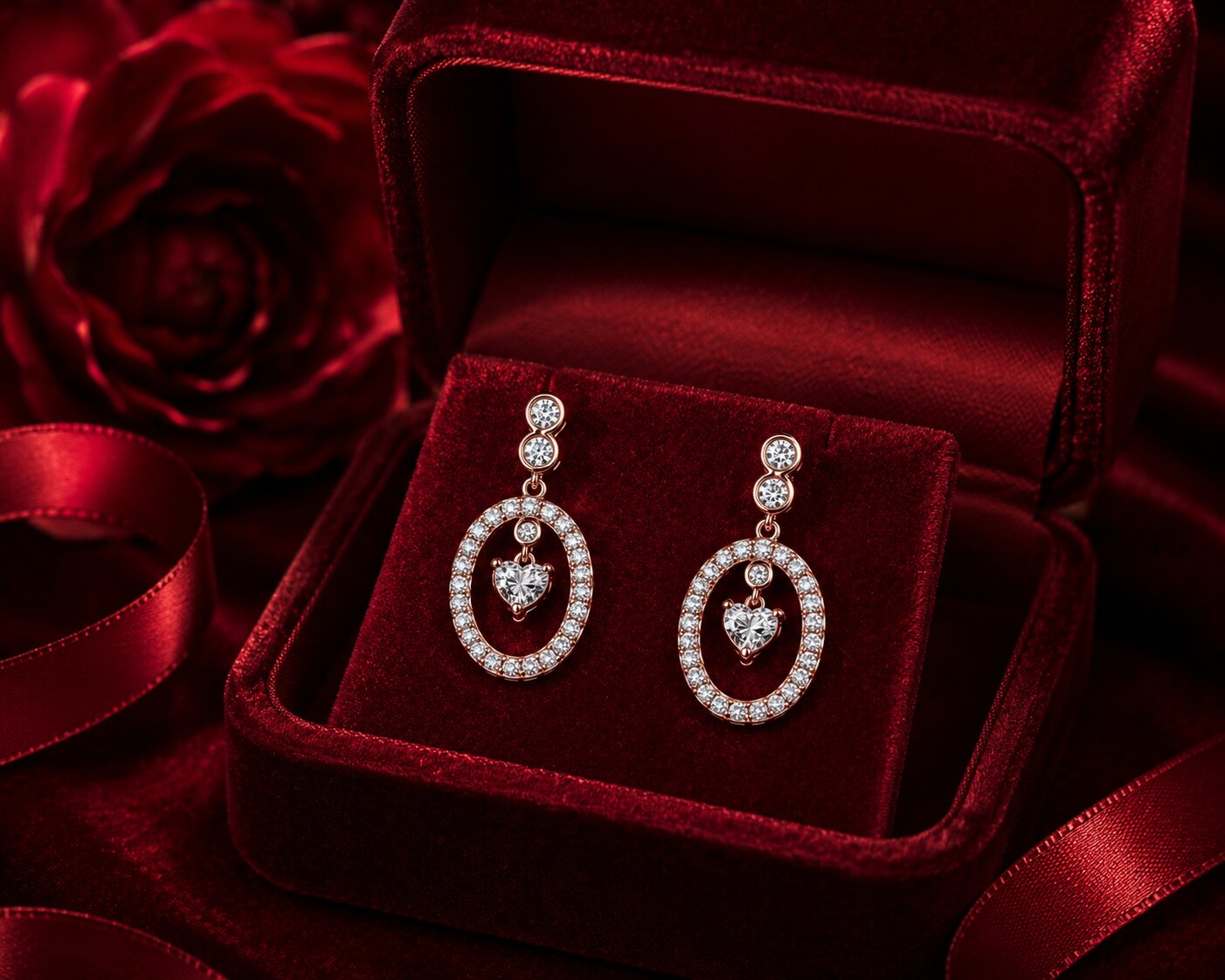 Heart drop diamond earrings in rose gold with luxury velvet jewellery box.