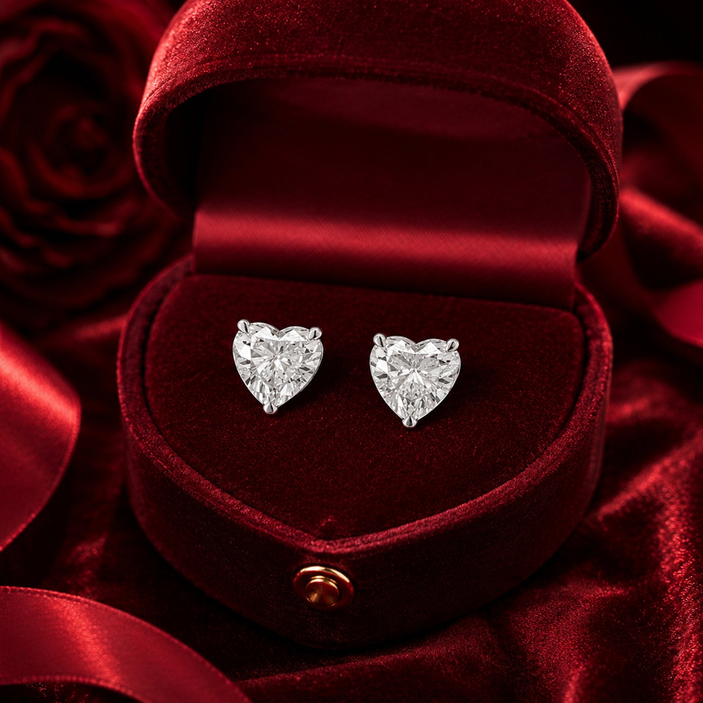Heart solitaire diamond stud earrings in white gold on red velvet.