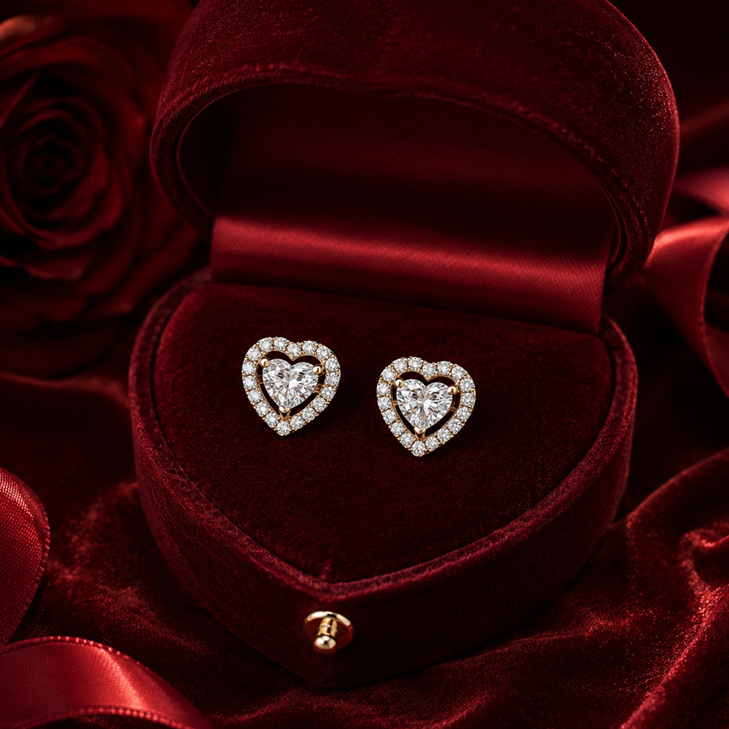 Heart halo diamond stud earrings in gold with luxury red velvet jewellery box.