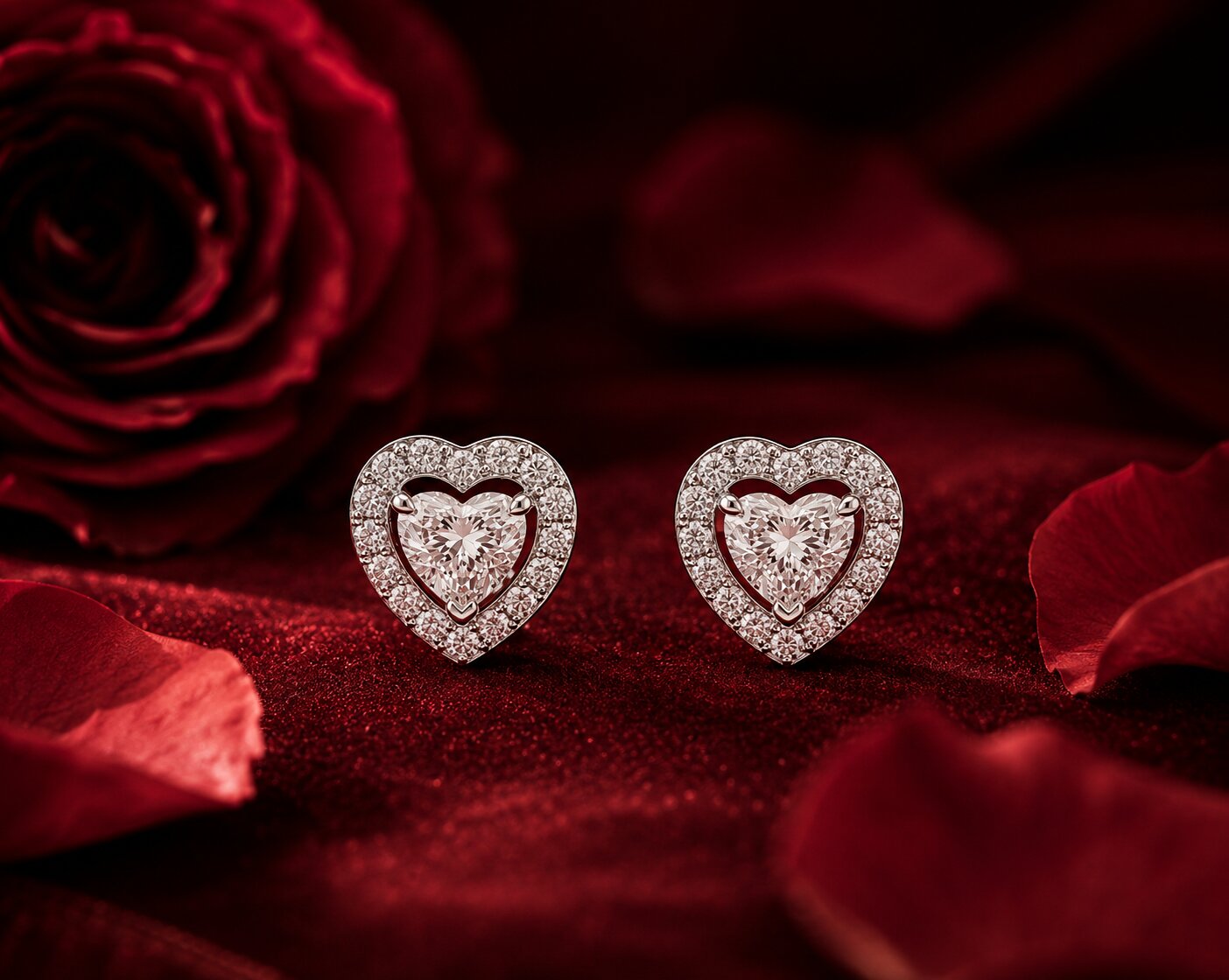 Contemporary heart diamond drop earrings in rose gold with romantic velvet styling.