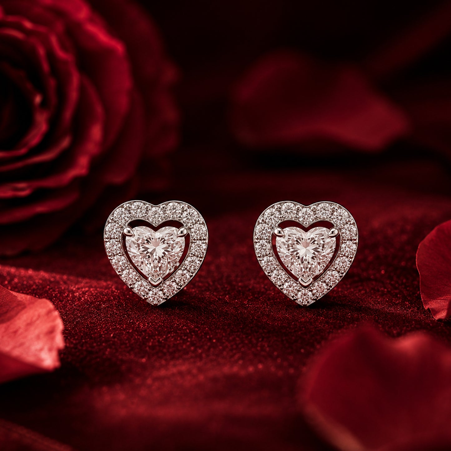 Contemporary heart diamond drop earrings in rose gold with romantic velvet styling.