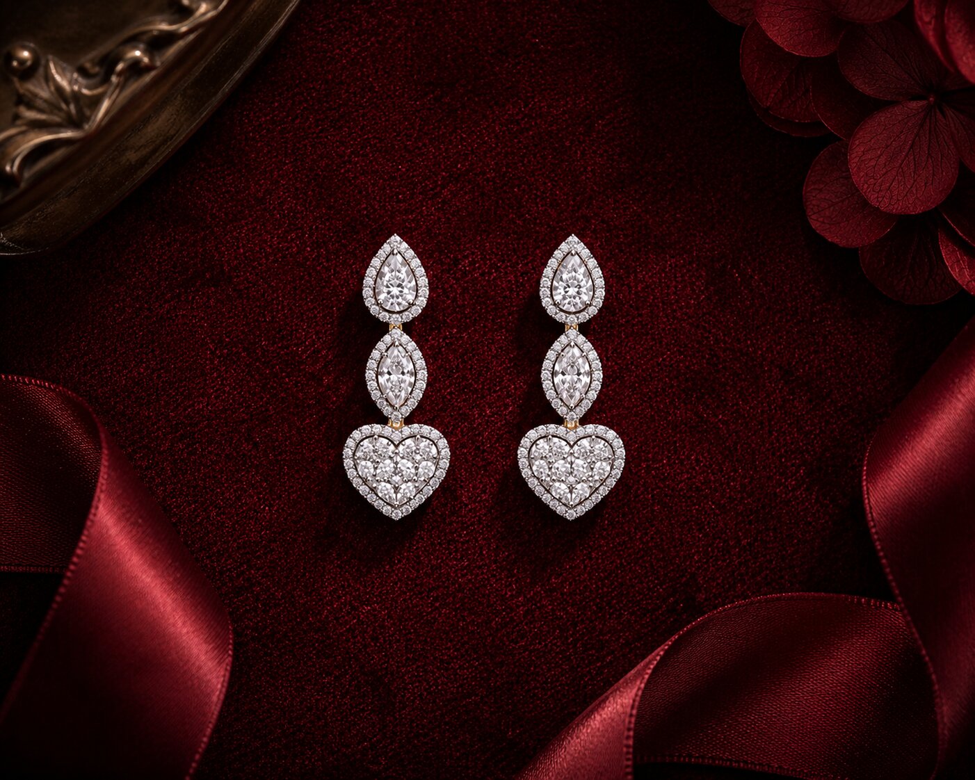 Heart-shaped ruby and diamond open ring in white gold on romantic burgundy velvet jewellery display