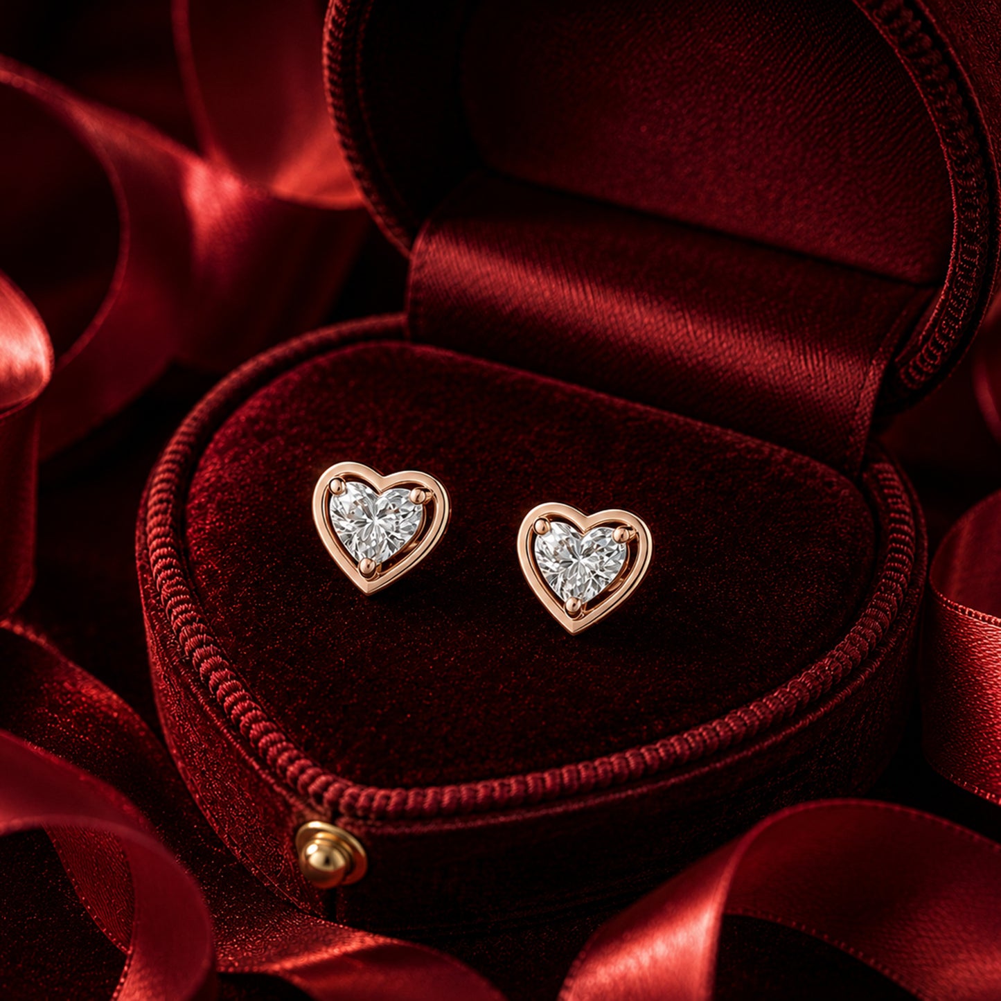 Classic heart diamond stud earrings on red velvet jewellery display with romantic rose backdrop