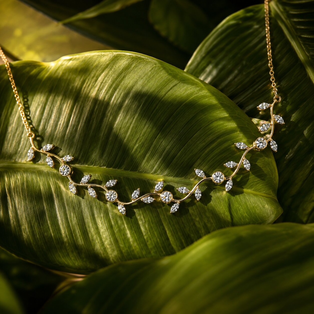Elegant Floral Diamond Pendant Necklace in Gold Leaves Theme