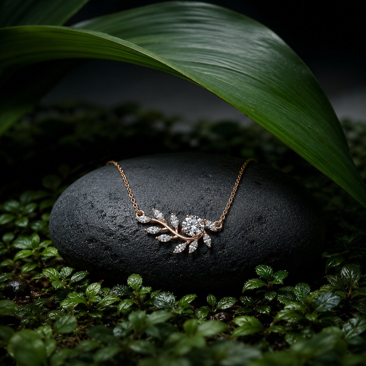 Elegant floral lab-grown diamond necklace in rose gold with nature-inspired styling and lush green leaves