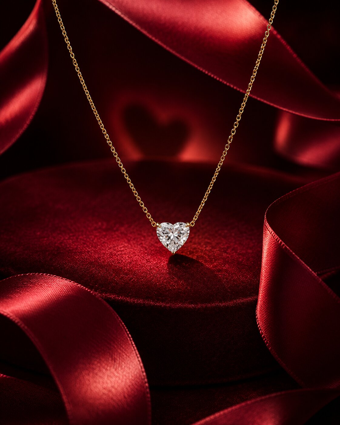 Solitaire heart diamond pendant necklace in yellow gold with luxury red satin and velvet styling
