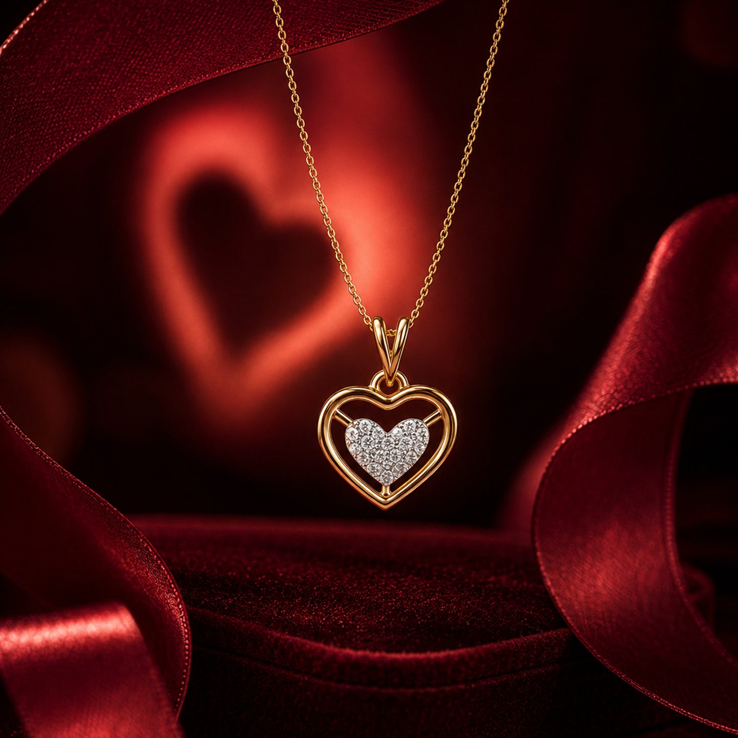 Gold heart diamond pendant necklace with floating chain on luxury red backdrop.