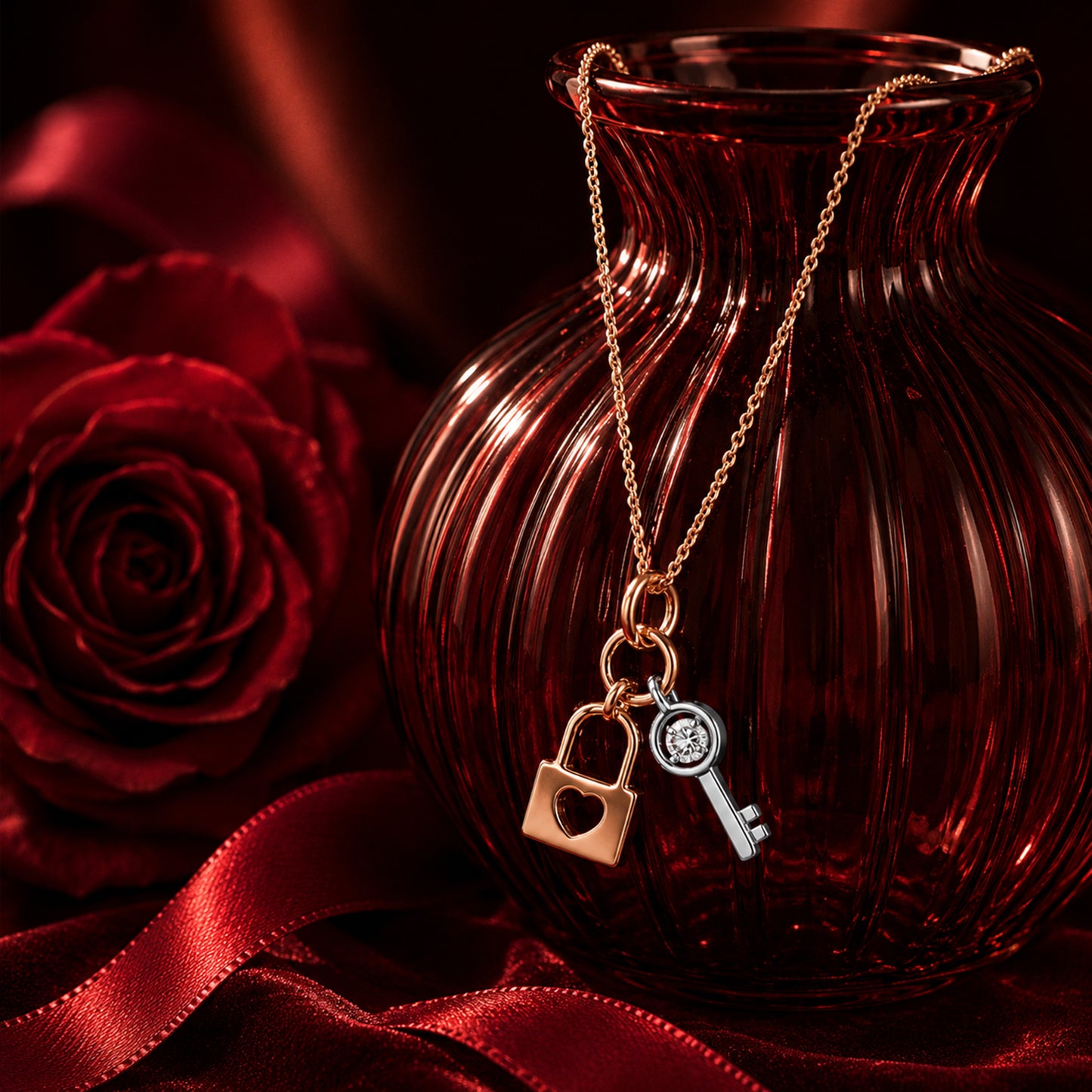 Lock and key charm pendant necklace in mixed gold tones with romantic luxury styling