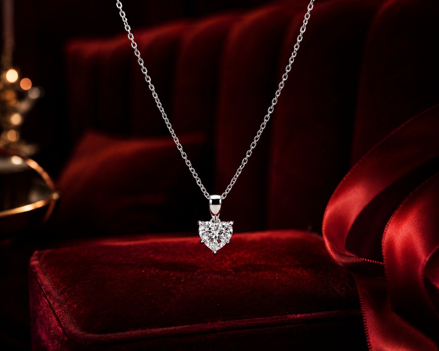 Heart solitaire diamond pendant necklace in white gold with elegant red velvet luxury styling.