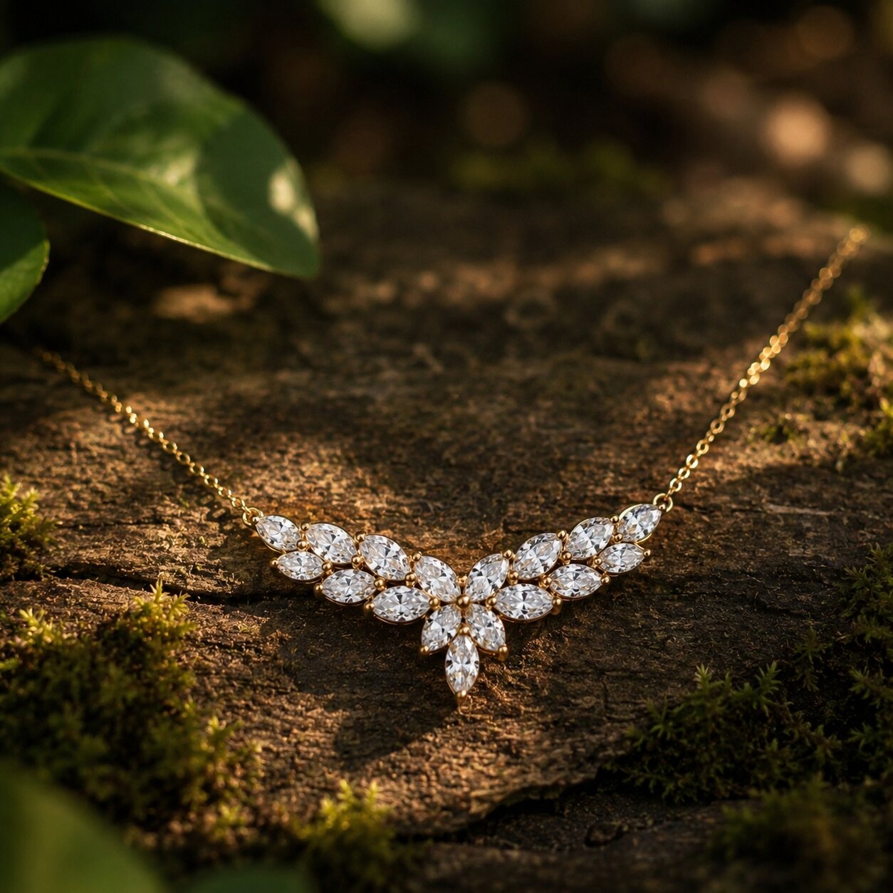 Floral lab-grown diamond necklace in gold with nature-inspired leaf design