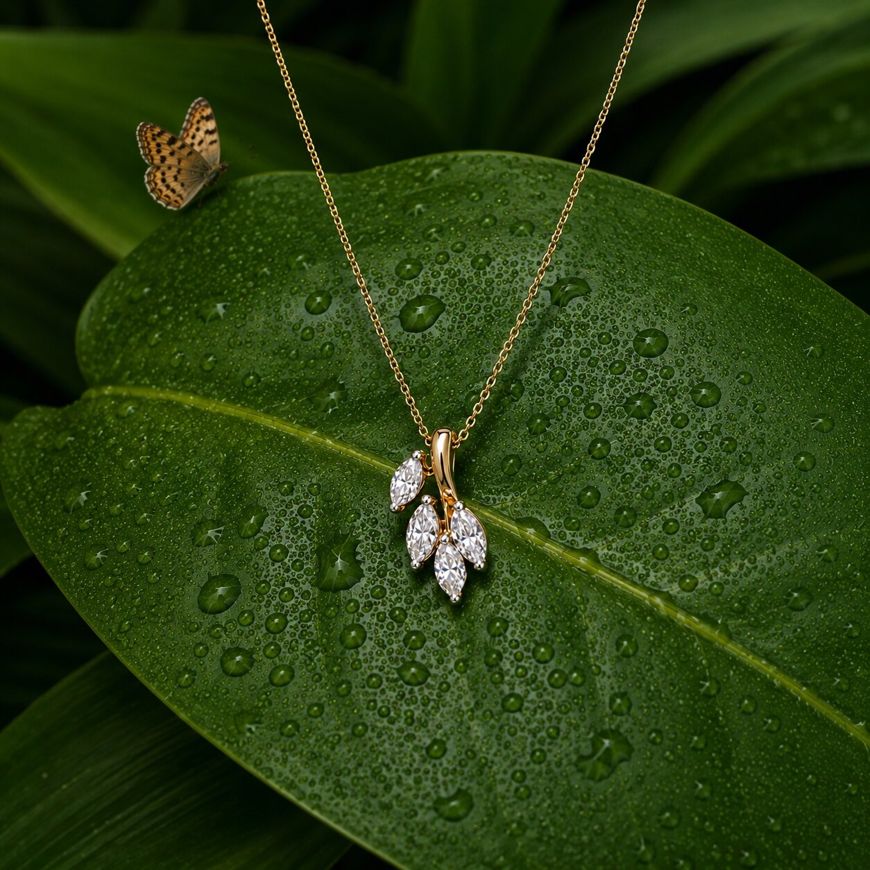 Leaf-inspired diamond pendant necklace in gold with marquise-cut lab-grown diamonds on dew-covered tropical leaf