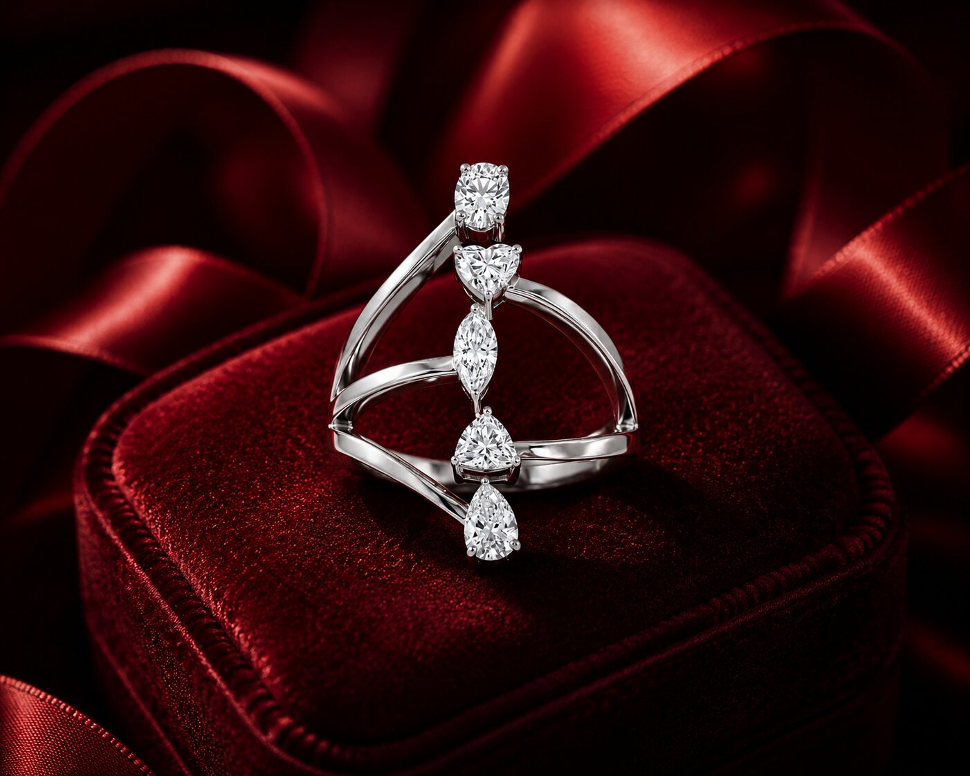 Contemporary white gold diamond statement ring with heart and pear-shaped diamonds on velvet jewellery box.