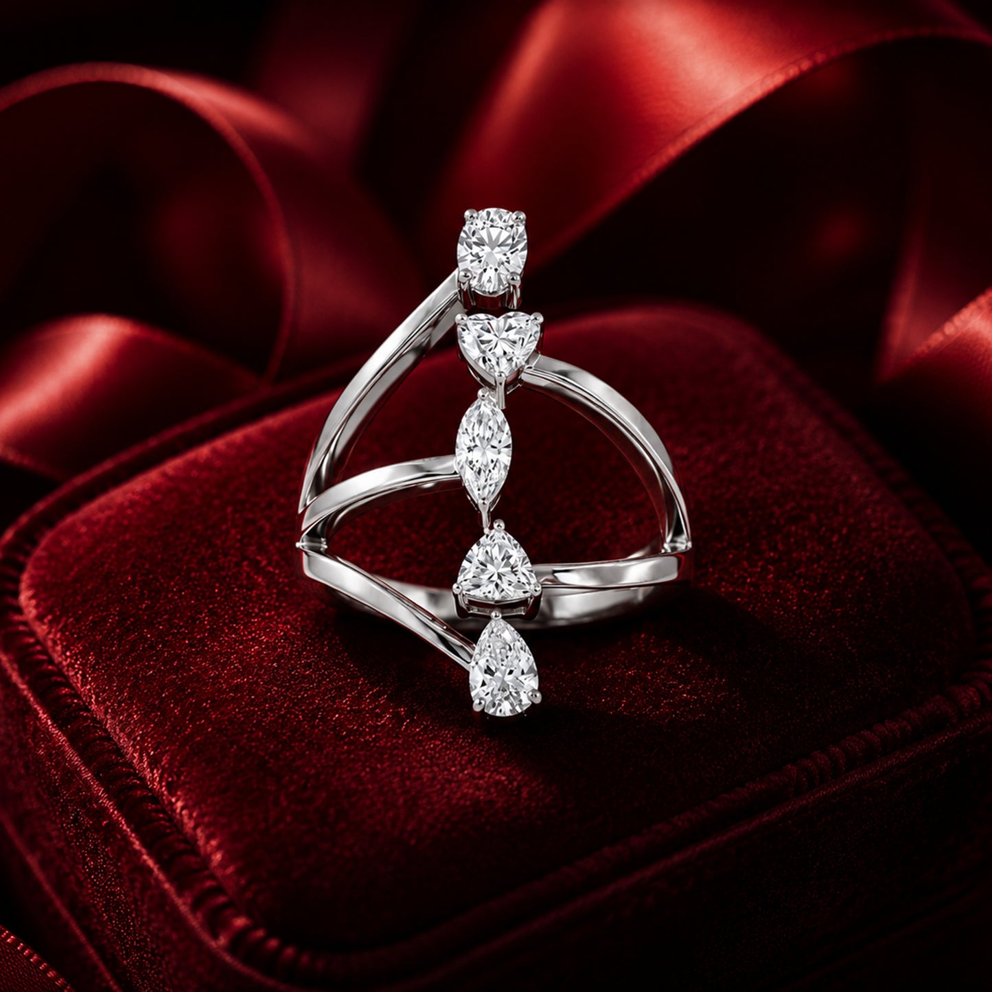 Contemporary white gold diamond statement ring with heart and pear-shaped diamonds on velvet jewellery box.