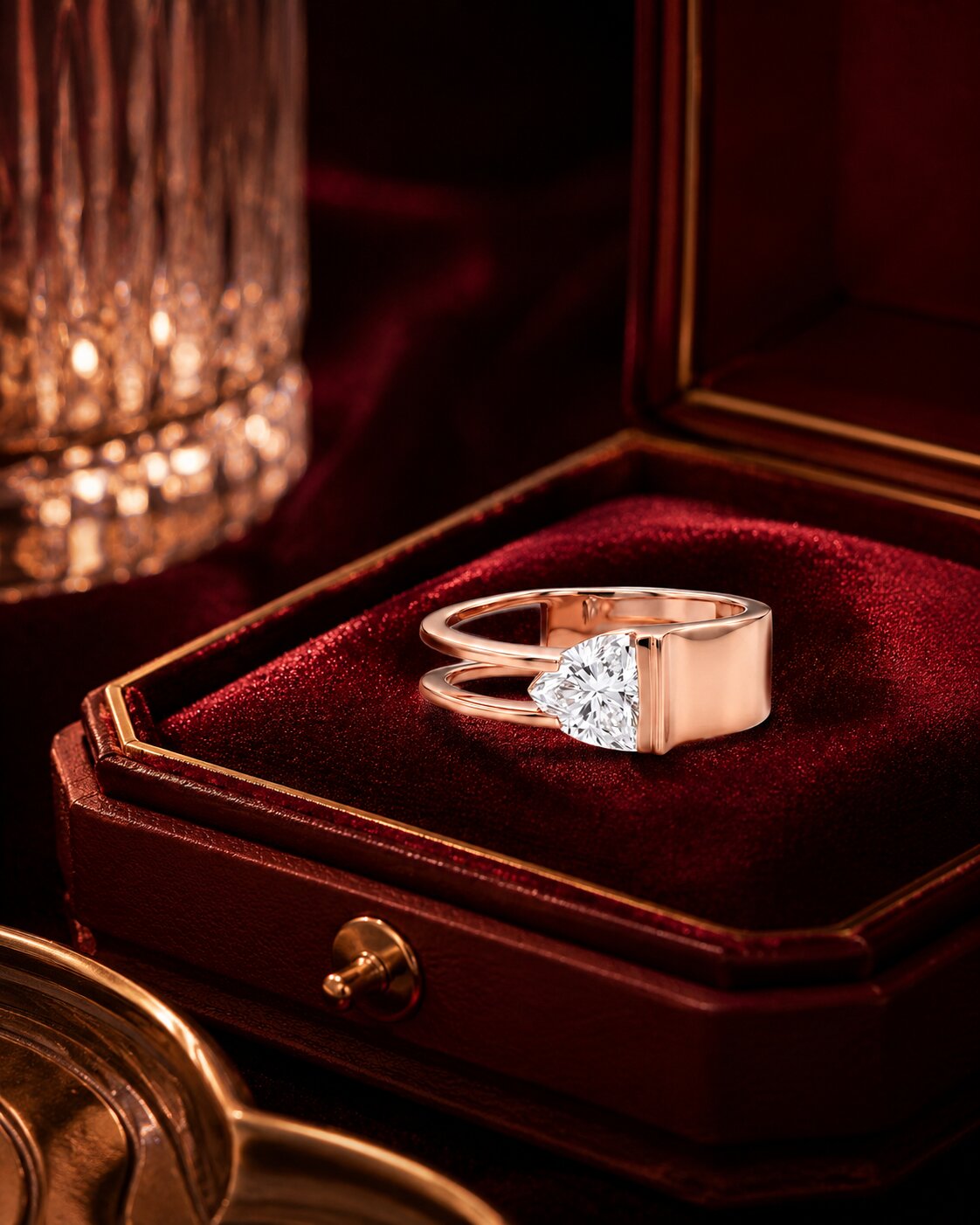 Heart eternity diamond band ring on burgundy velvet by Firefly Diamonds.