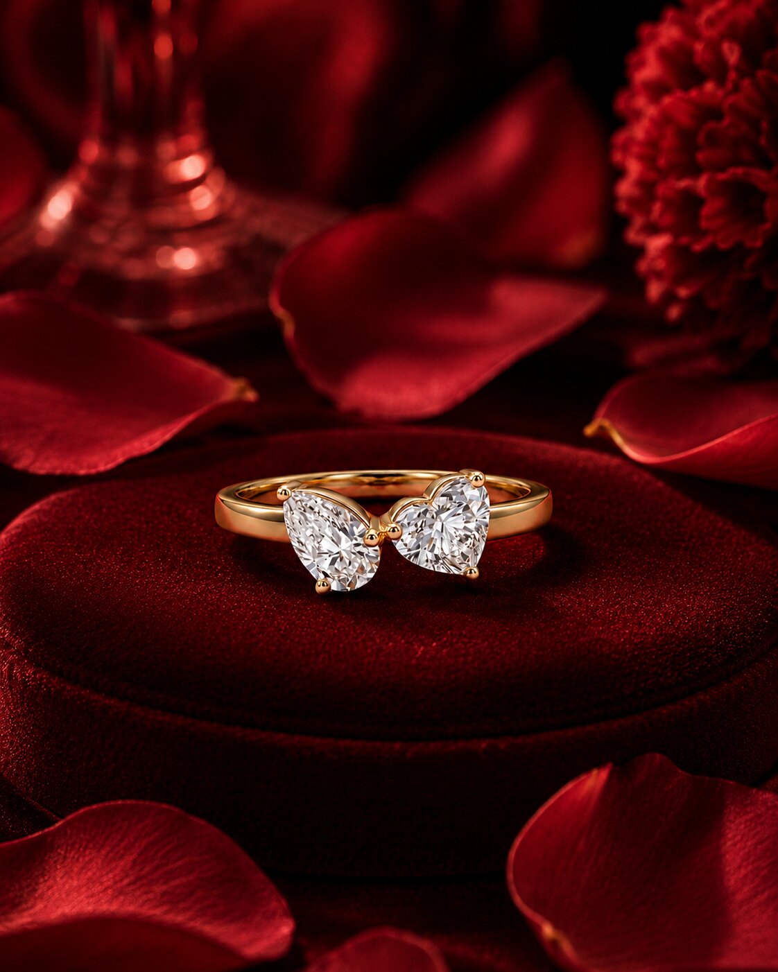 Double heart-shaped lab-grown diamond ring in yellow gold on crimson velvet, luxury Firefly Diamonds ring photography