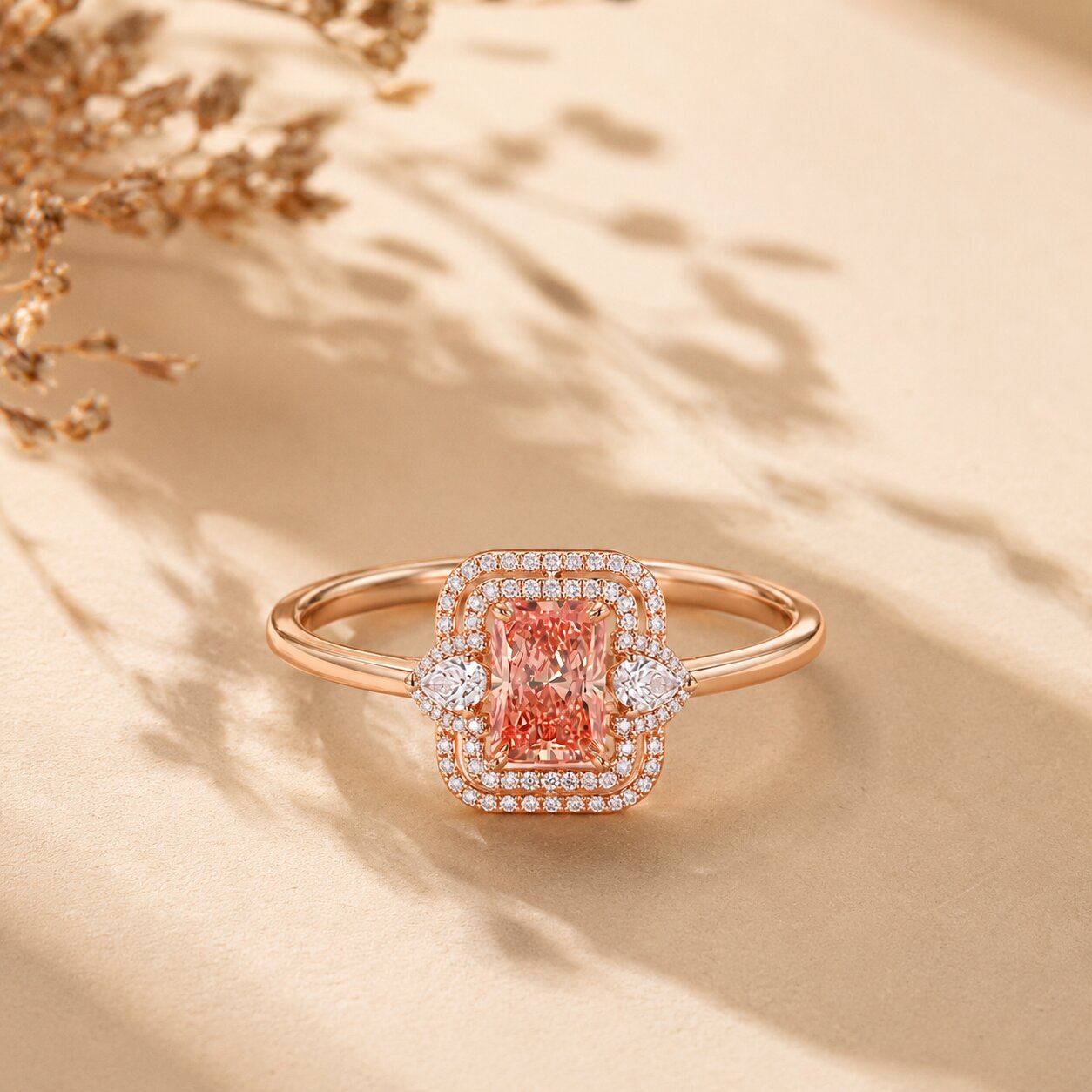 Radiant Cut Pink Diamond Halo Ring in Rose Gold