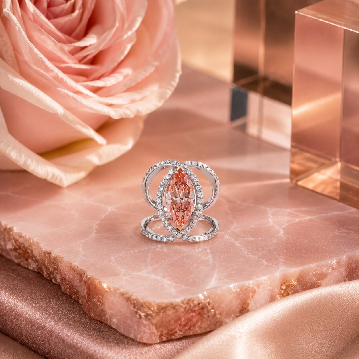 Marquise Pink Diamond Cocktail Ring with Diamond Halo