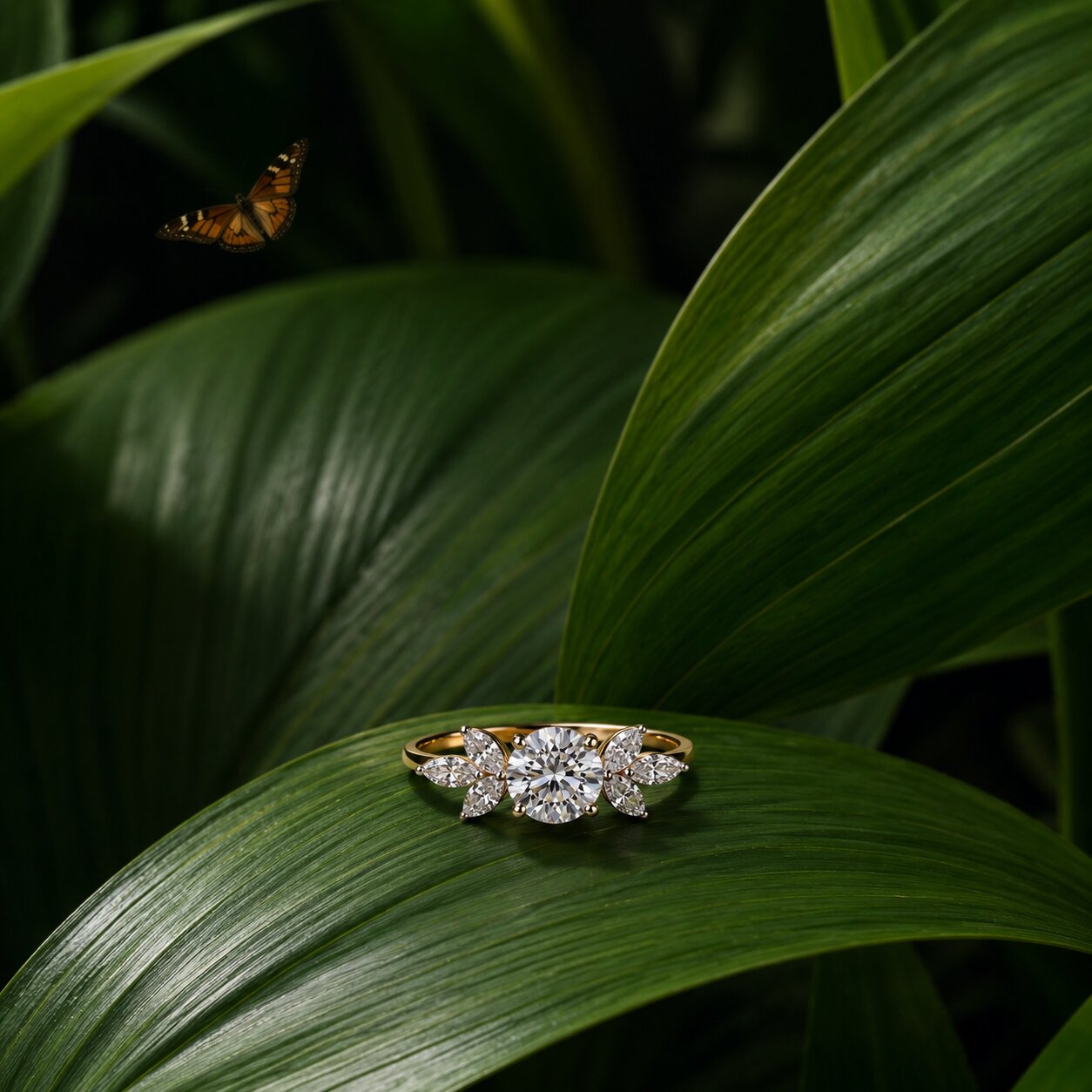 Nature Inspired Diamond Ring with Leaf Motif in Gold