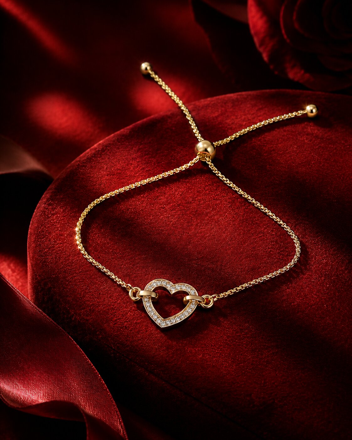 Heart-shaped lab-grown diamond bracelet in yellow gold on red velvet cushion, luxury Firefly Diamonds jewellery campaign photography.