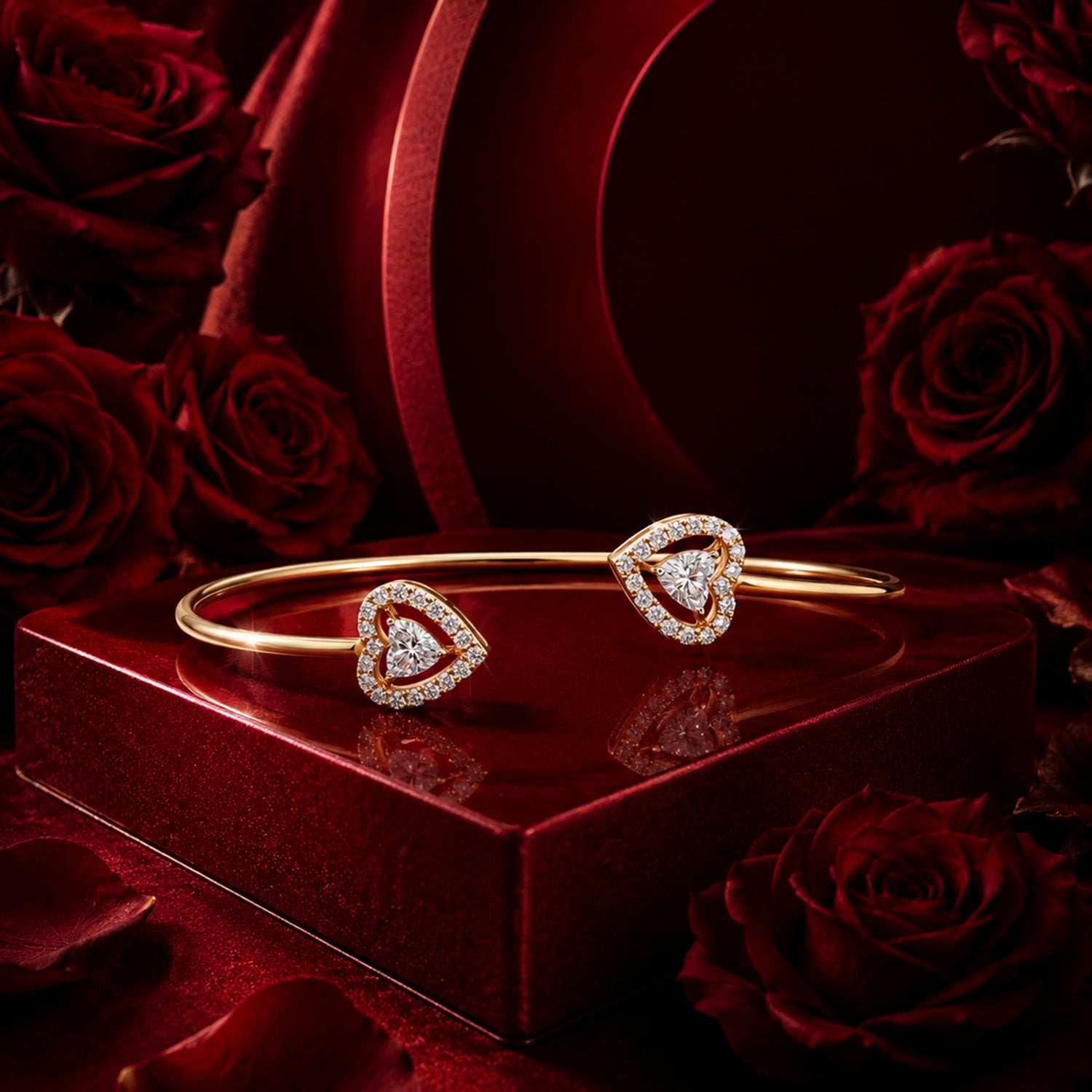 Luxury diamond cuff bracelet with heart motifs on ruby red editorial set