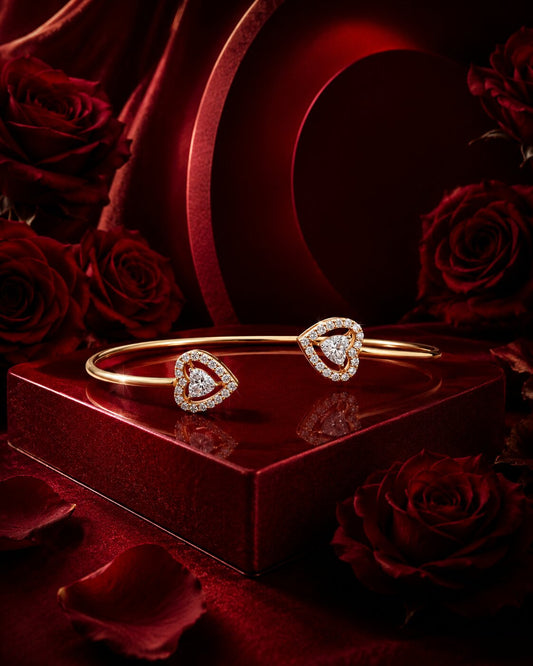 Luxury diamond cuff bracelet with heart motifs on ruby red editorial set