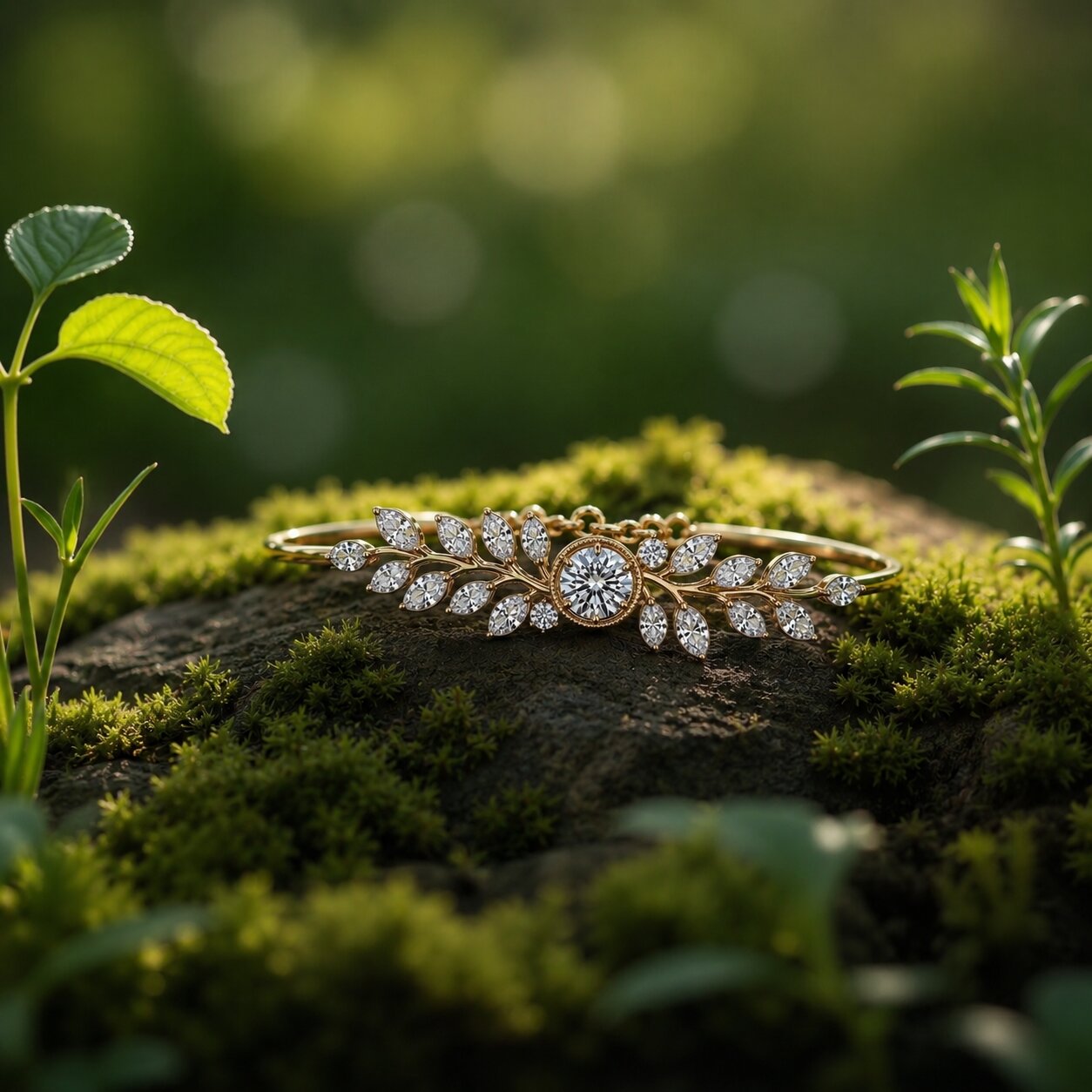 Nature-inspired diamond bracelet in gold with floral vine detailing and moss garden styling