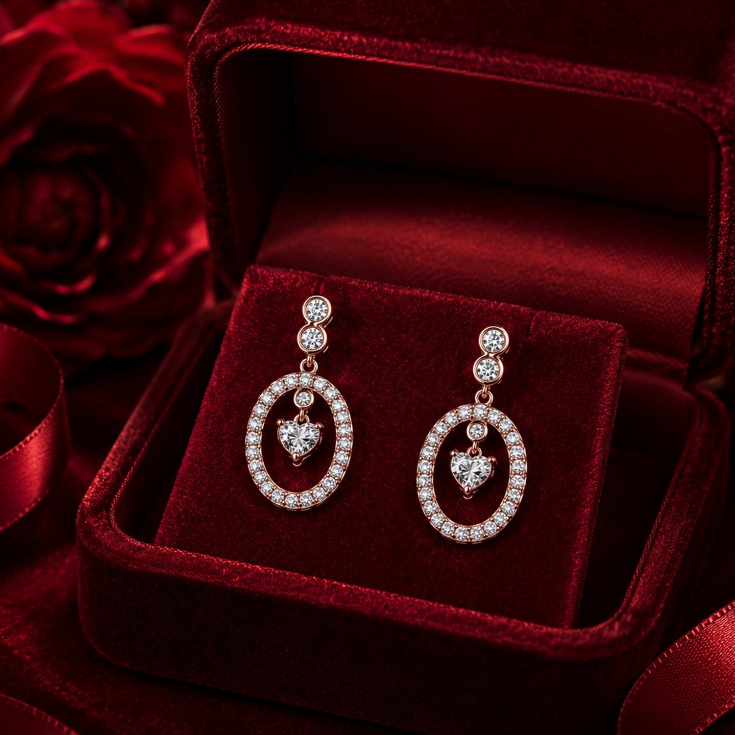 Heart drop diamond earrings in rose gold with luxury velvet jewellery box.