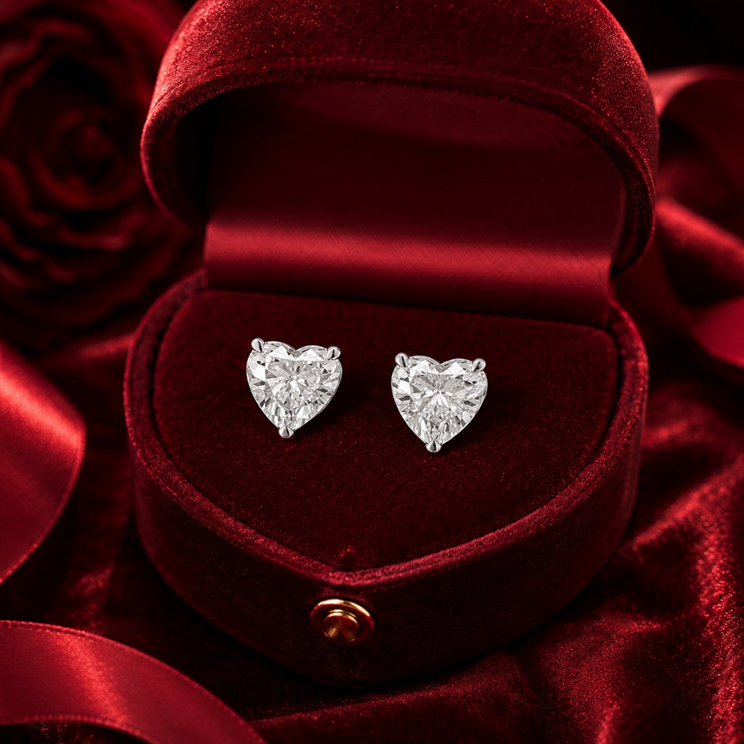 Heart solitaire diamond stud earrings in white gold on red velvet.
