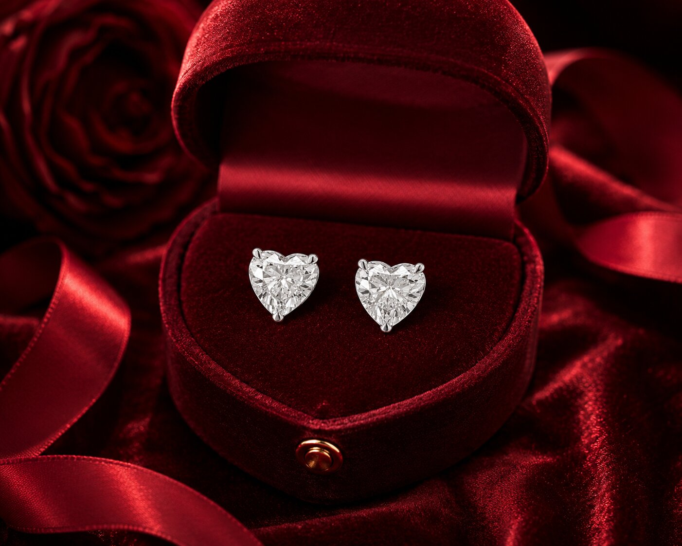 Heart solitaire diamond stud earrings in white gold on red velvet.