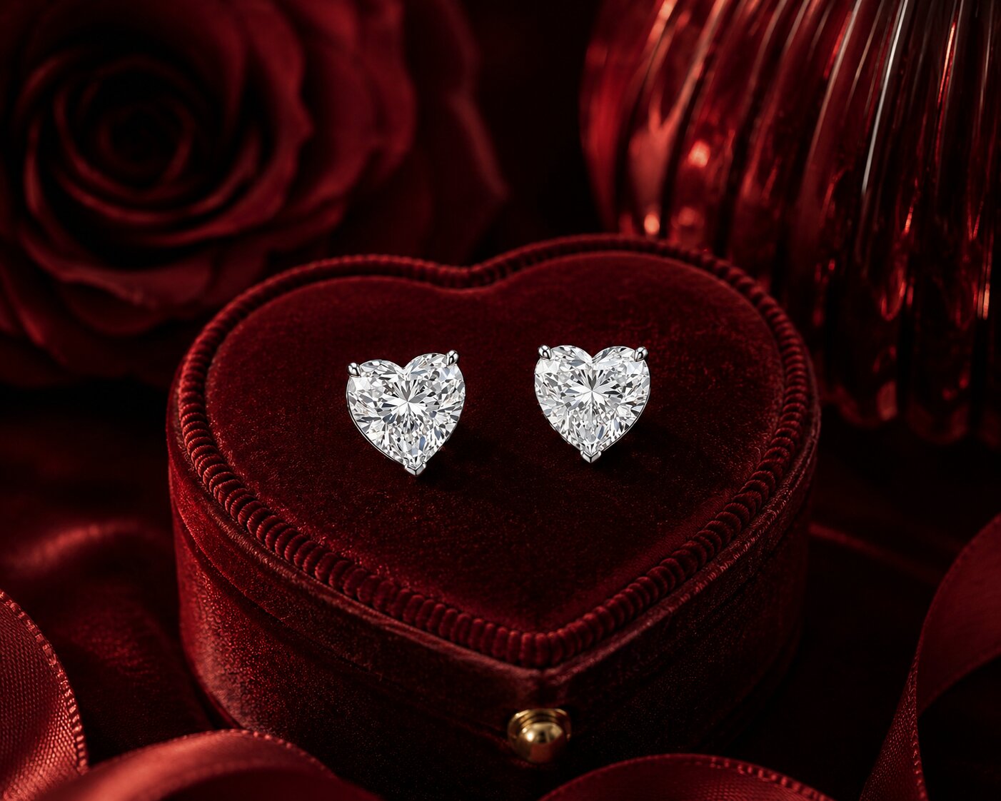 Classic heart diamond stud earrings on red velvet jewellery display with romantic rose backdrop