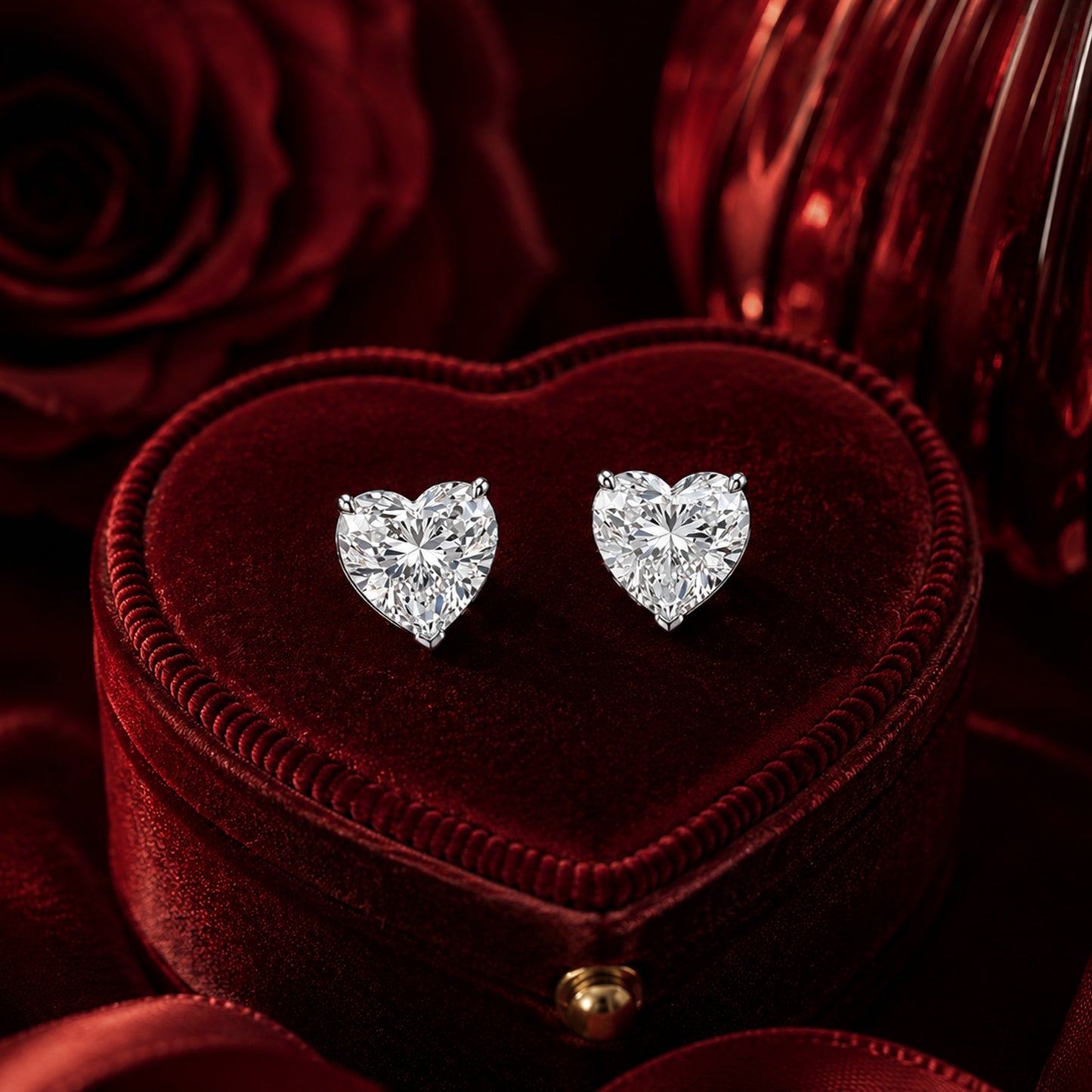 Heart halo diamond stud earrings in white gold with rose petals and velvet background
