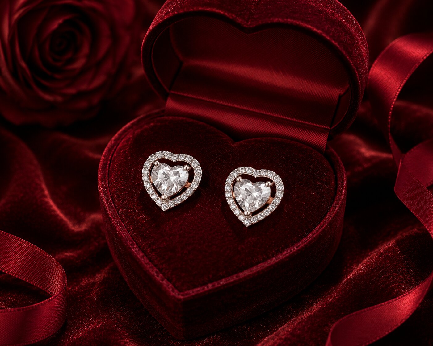 Heart halo diamond earrings in rose gold luxury jewellery photography.