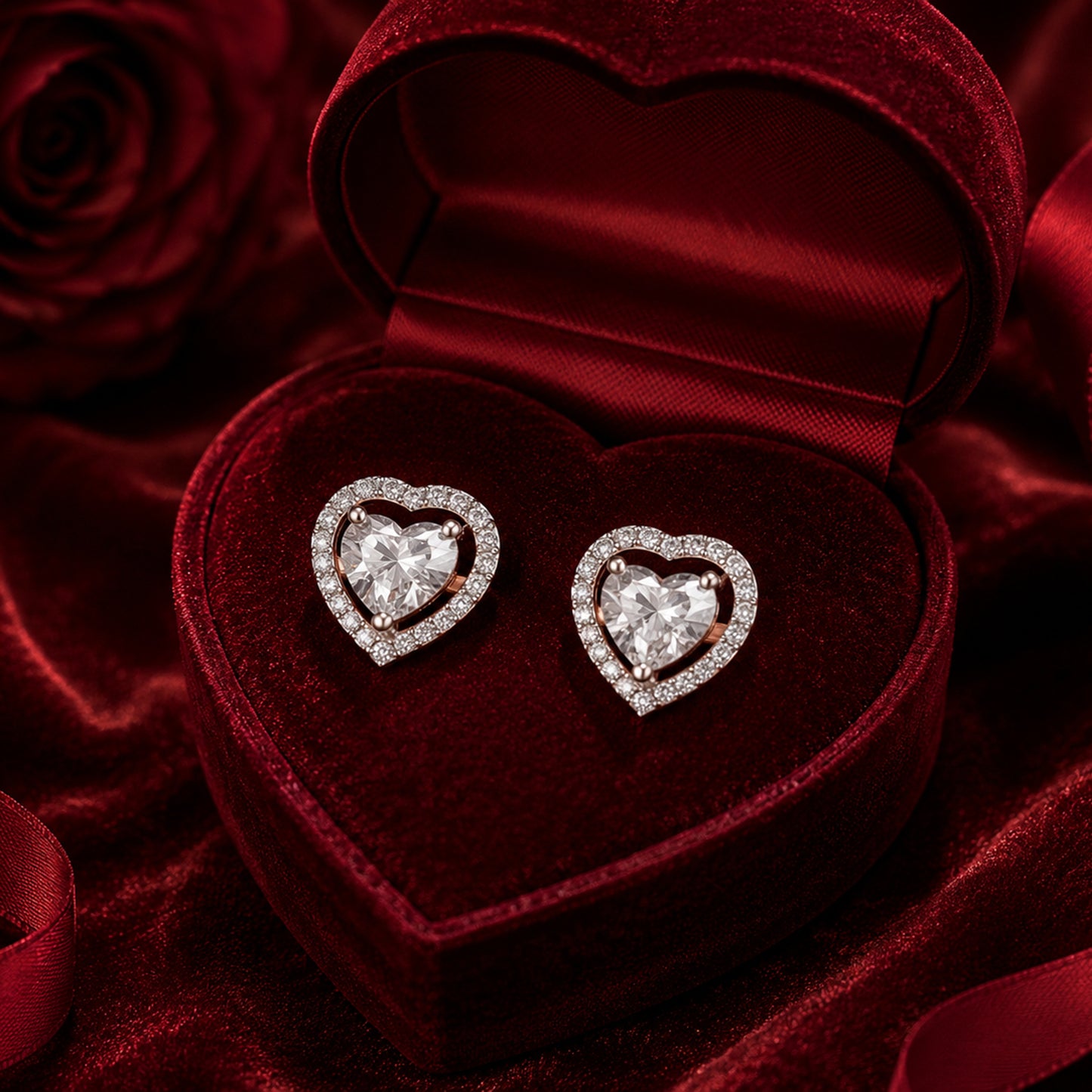 Heart halo diamond earrings in rose gold luxury jewellery photography.