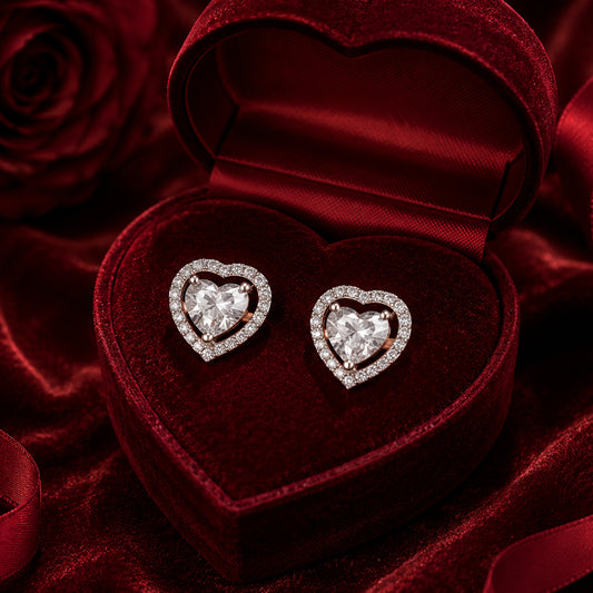 Heart halo diamond earrings in rose gold luxury jewellery photography.