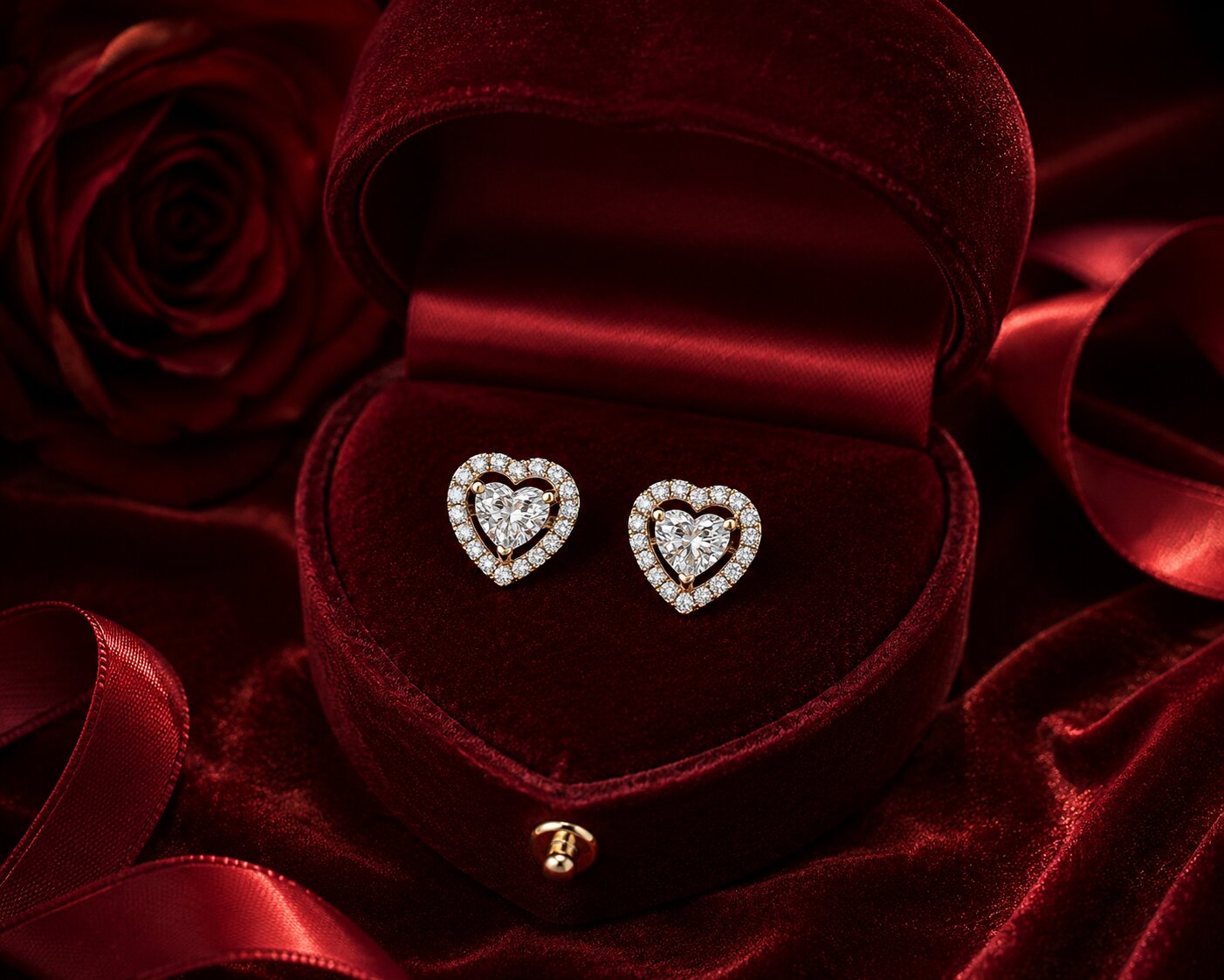 Heart halo diamond stud earrings in gold with luxury red velvet jewellery box.