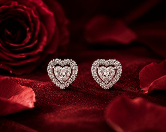 Contemporary heart diamond drop earrings in rose gold with romantic velvet styling.