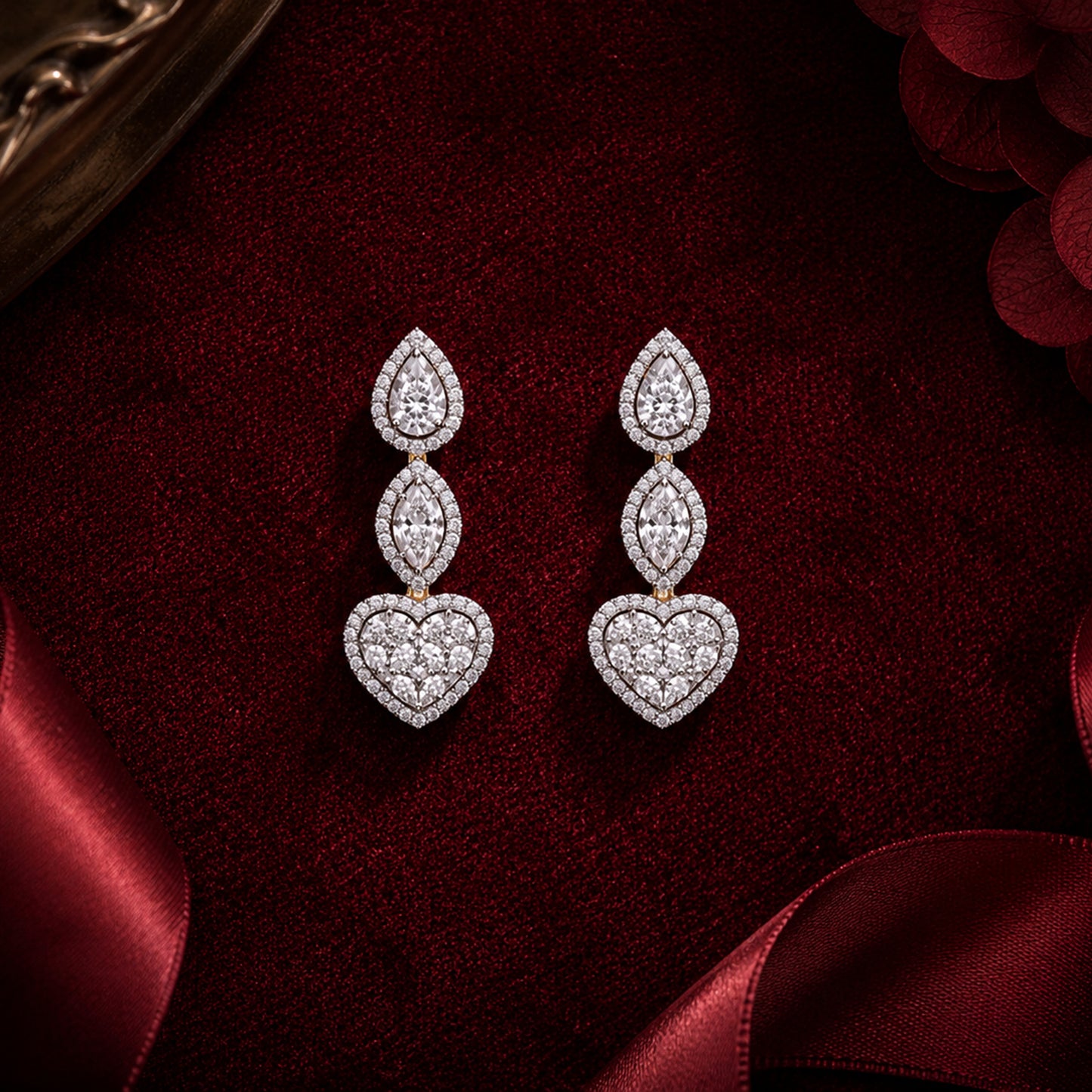 Heart-shaped ruby and diamond open ring in white gold on romantic burgundy velvet jewellery display