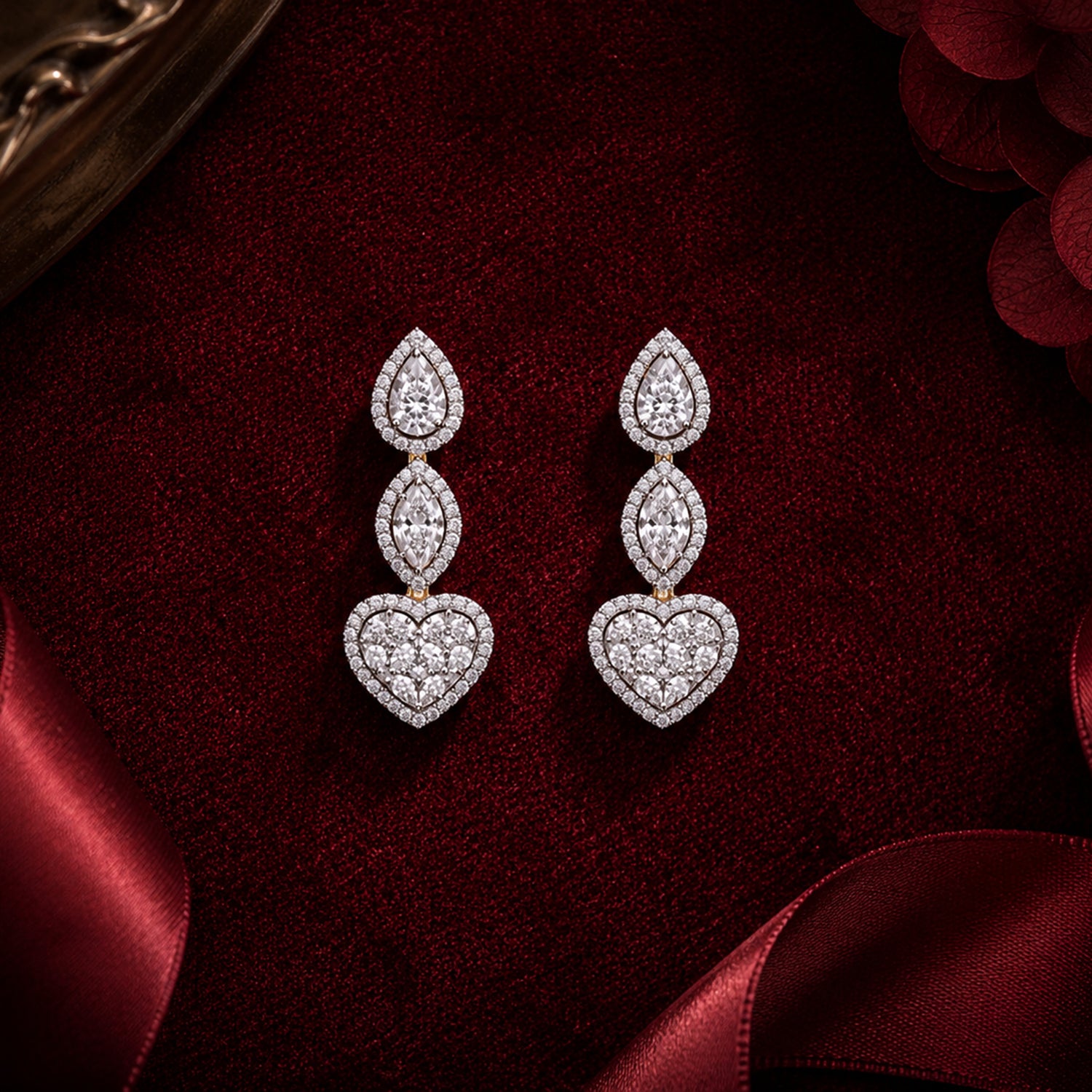 Heart-shaped ruby and diamond open ring in white gold on romantic burgundy velvet jewellery display