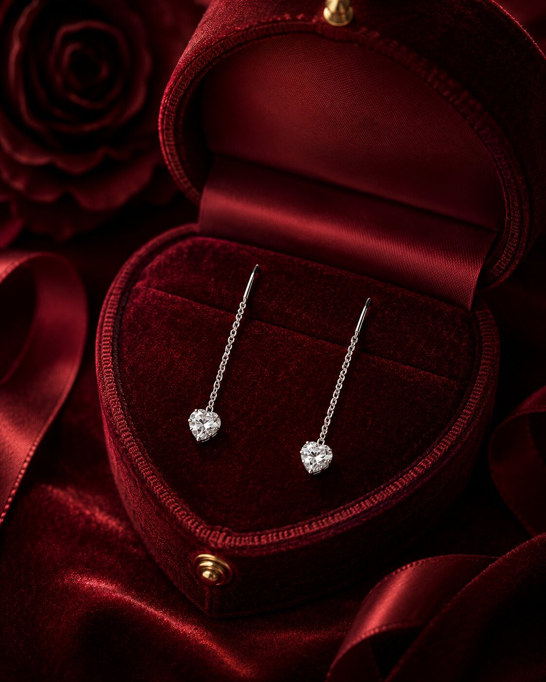 Classic heart diamond stud earrings on red velvet jewellery display with romantic rose backdrop