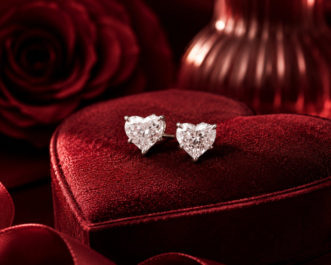 Heart solitaire diamond stud earrings in white gold on luxury burgundy velvet box.