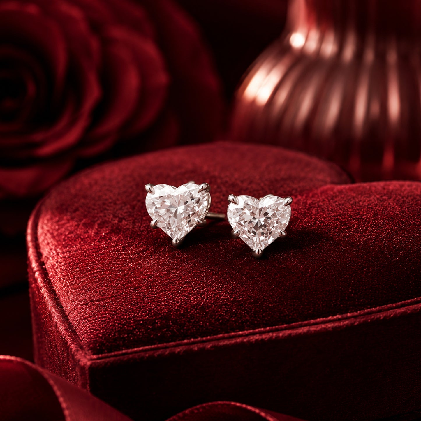 Heart solitaire diamond stud earrings in white gold on luxury burgundy velvet box.