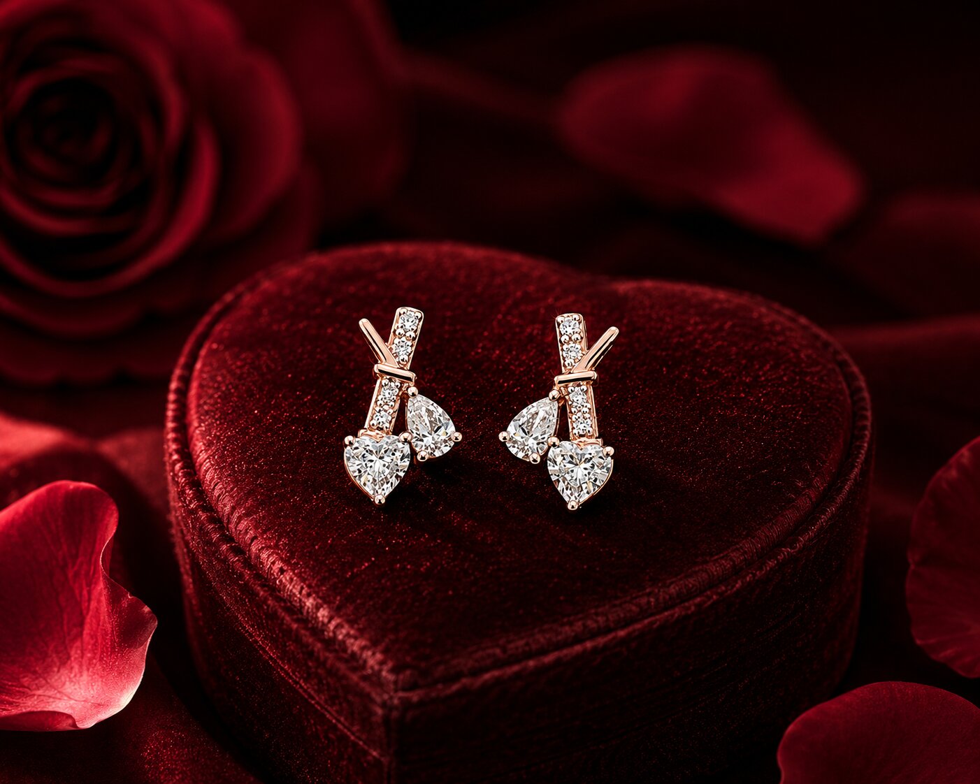 Minimal heart diamond stud earrings in rose gold inside velvet jewellery case.