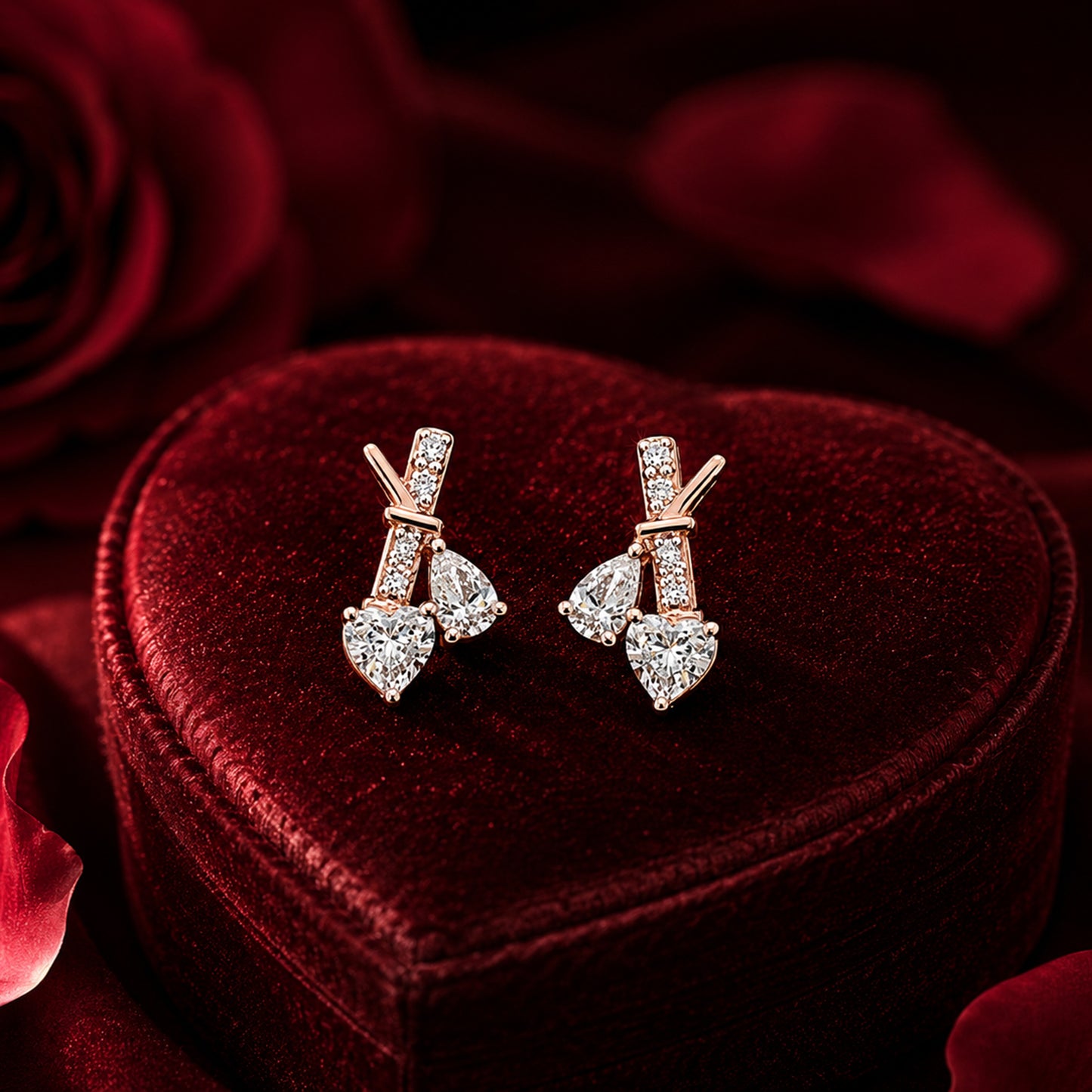 Minimal heart diamond stud earrings in rose gold inside velvet jewellery case.