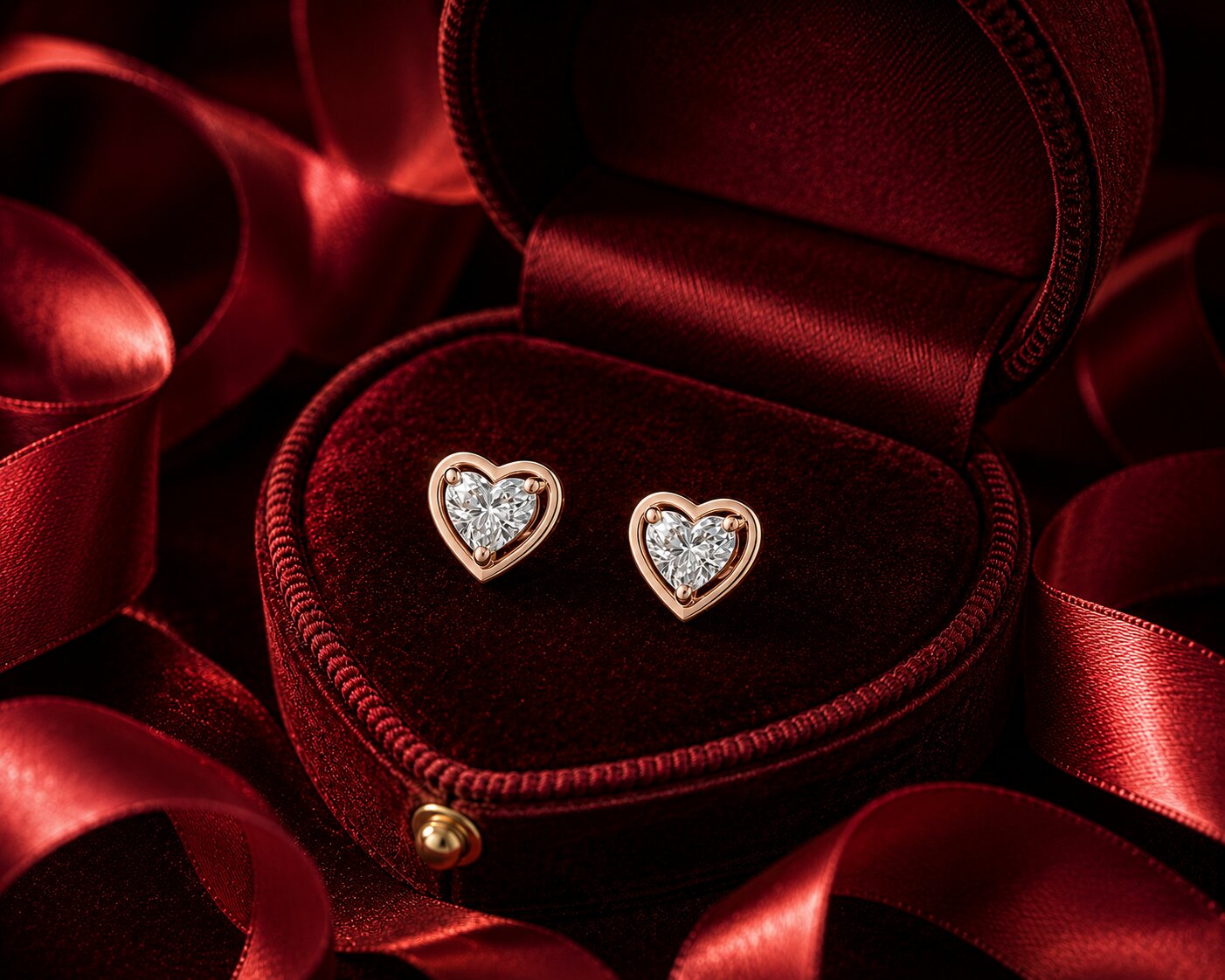 Classic heart diamond stud earrings on red velvet jewellery display with romantic rose backdrop