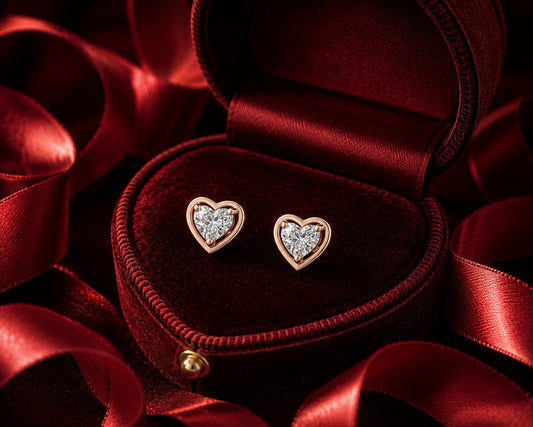Classic heart diamond stud earrings on red velvet jewellery display with romantic rose backdrop