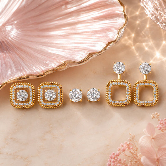Square halo diamond earrings with solitaire studs