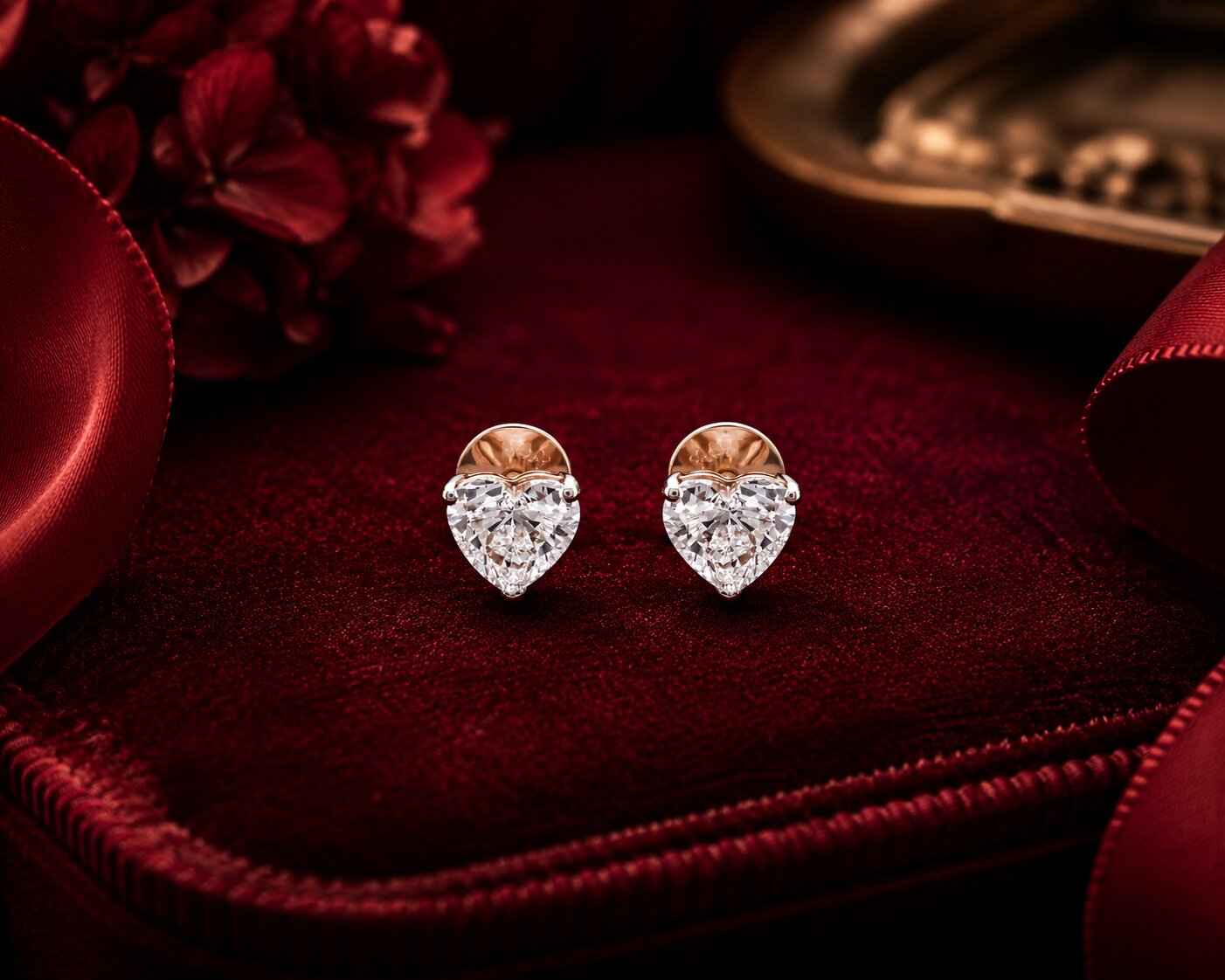 Diamond heart drop earrings with pear and marquise cut diamonds on luxury burgundy velvet backdrop