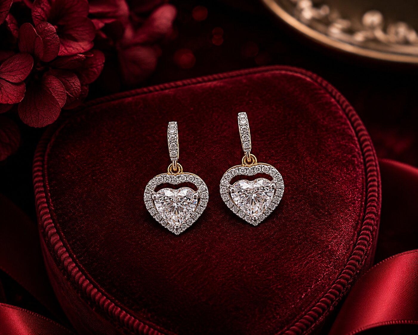 Heart halo diamond drop earrings in white and yellow gold on luxury velvet jewellery display.