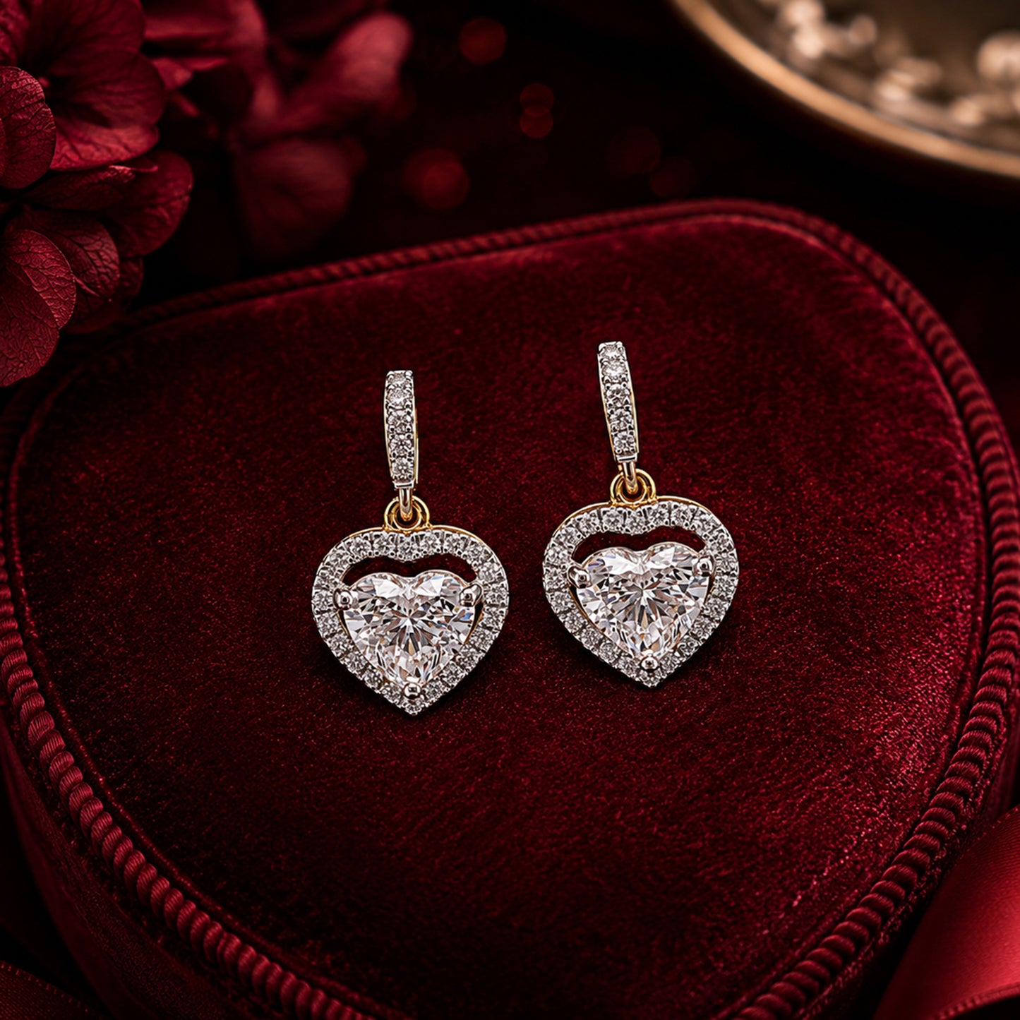 Heart halo diamond drop earrings in white and yellow gold on luxury velvet jewellery display.