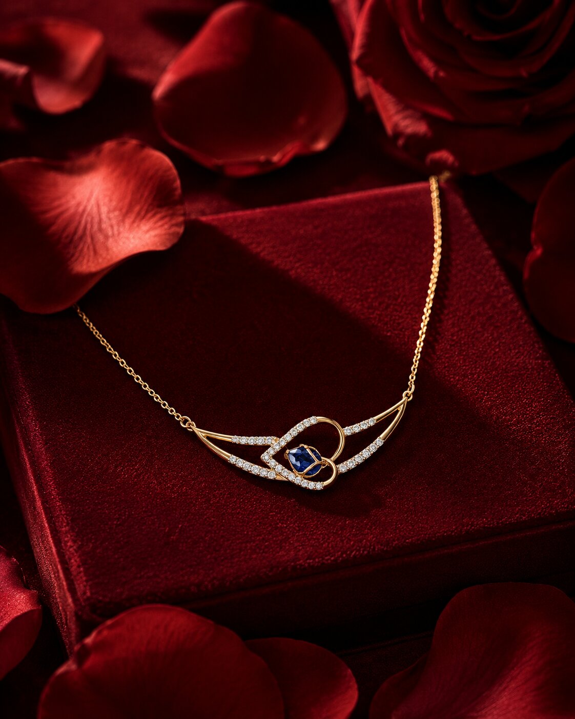 Blue gemstone and diamond necklace in yellow gold on burgundy velvet, romantic luxury jewellery photography.